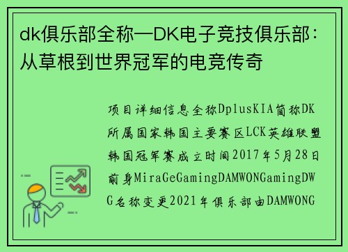 dk俱乐部全称—DK电子竞技俱乐部：从草根到世界冠军的电竞传奇